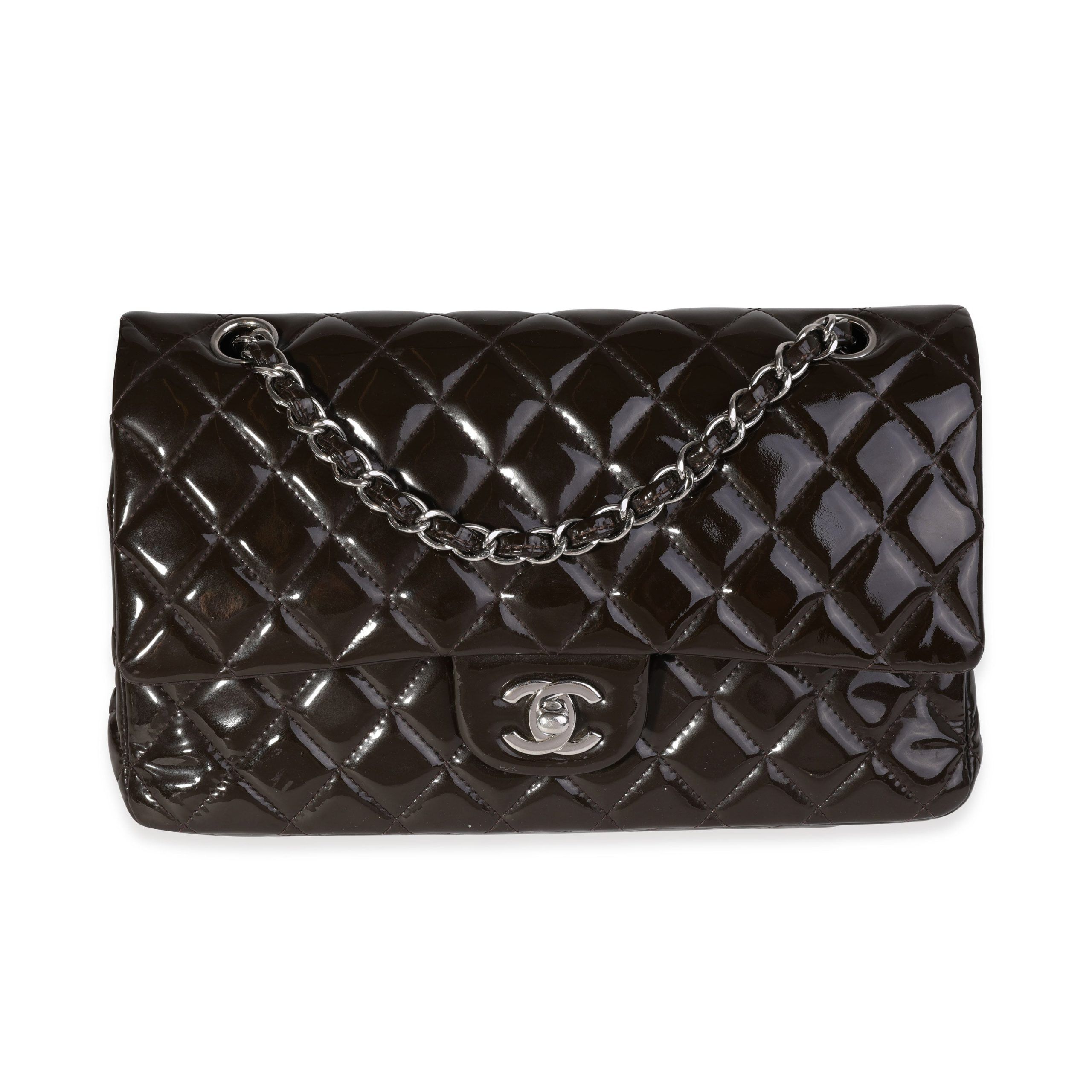 image of Chanel Brown Quilted Patent Leather Medium Classic Double Flap Bag, Women's