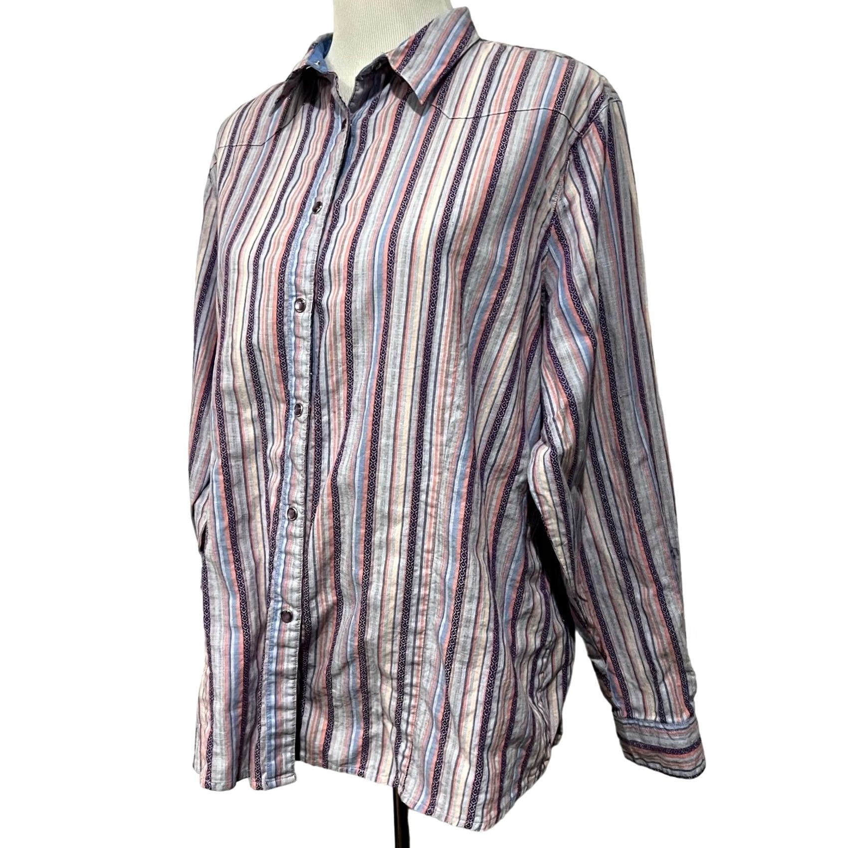Wrangler VINTAGE Wrangler Blues Women’s Top Button Front Striped Pearly Snaps Long Sleeve Sz XXL Size XXL / US 16-18 / IT 52-54 - 4 Thumbnail