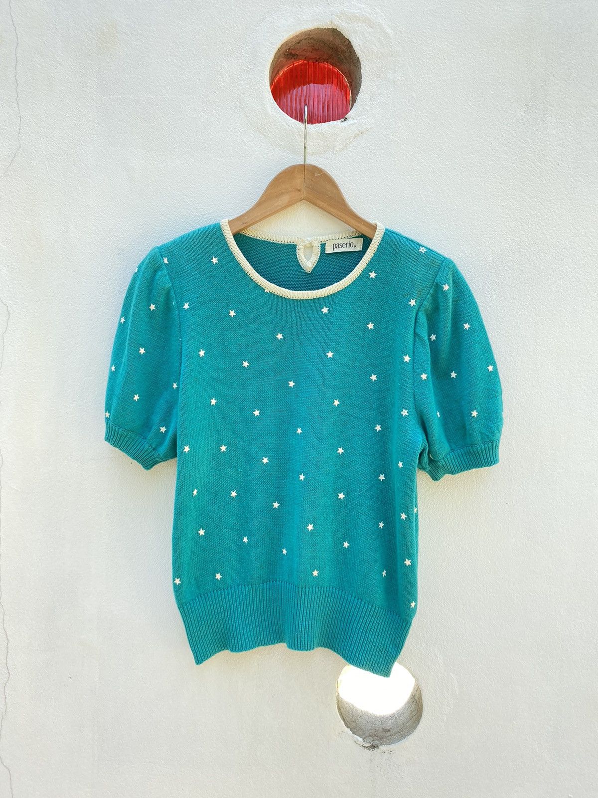 Vintage Paserio Teal Puff Sleeve Knit Top with Star Pattern Size S / US 4 / IT 40 - 1 Thumbnail
