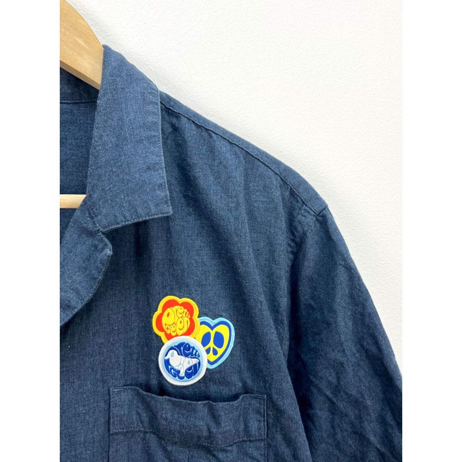 Pretty Green Pretty Green Shirt Button-Up Short Sleeve Logo Mens L/XL Blue Vintage Cotton Shirt Size US L / EU 52-54 / 3 - 3 Thumbnail