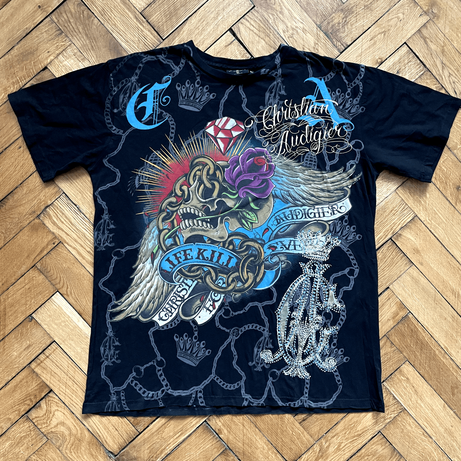 image of Christian Audigier Men's Skull Roses T-Shirt Xl