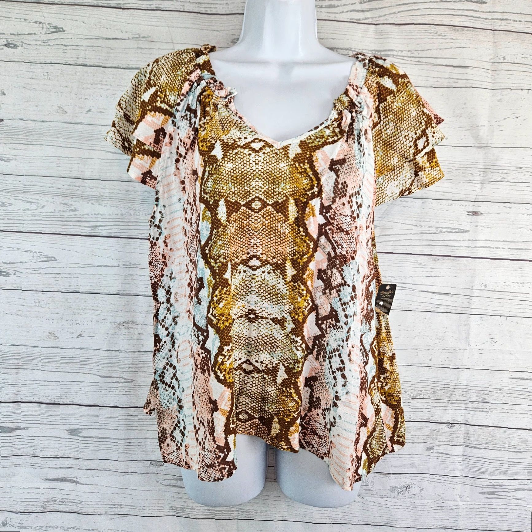 Wrangler Wrangler Retro Womens Top XL Pink Brown Snakeskin Print Short Sleeve Blouse Pullover Multicolor Regular Ladies Size L / US 10 / IT 46 - 2 Thumbnail