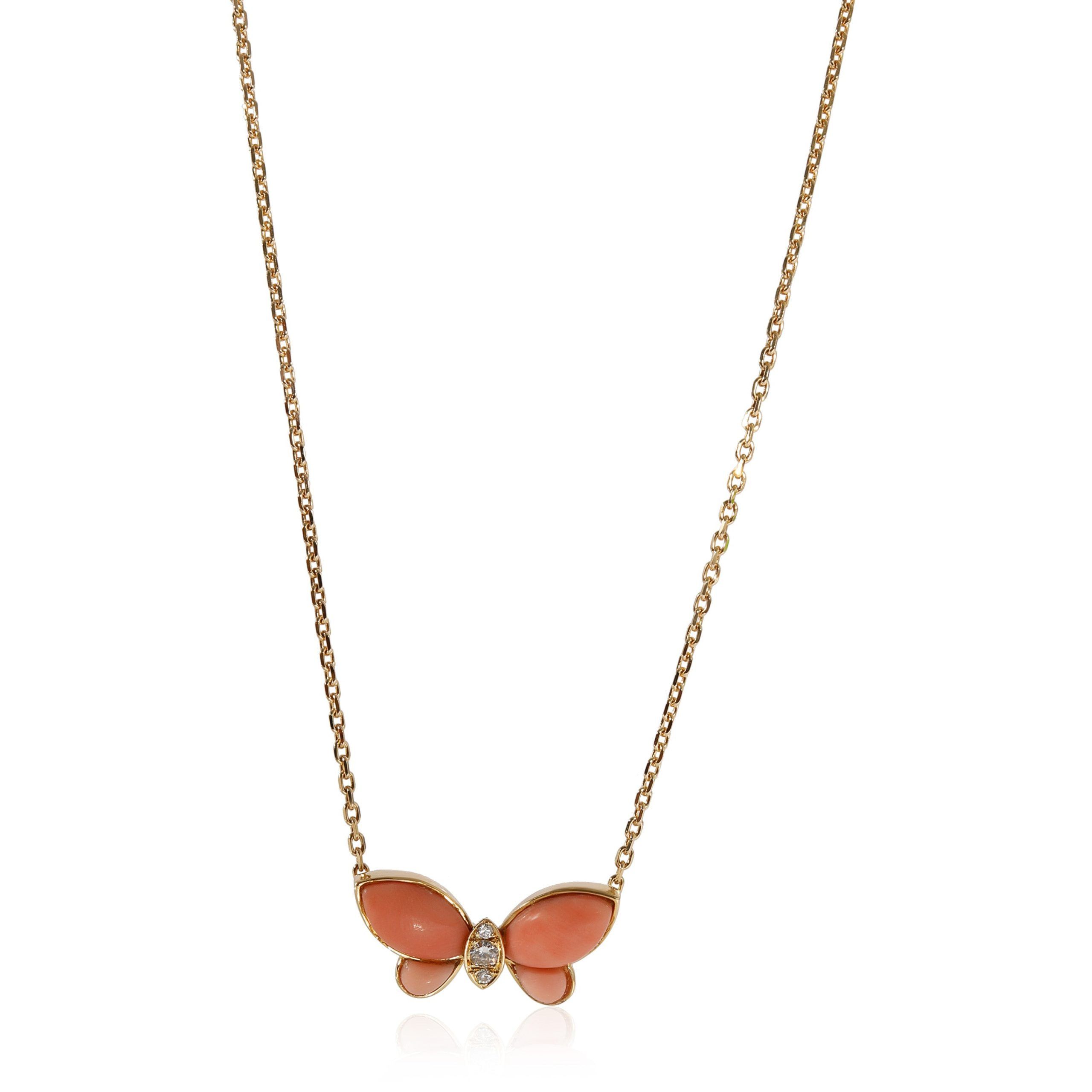 image of Van Cleef Arpels Van Cleef & Arpels Butterfly Diamond & Coral Pendant In 18K Yellow Gold 0.05 Ctw, 