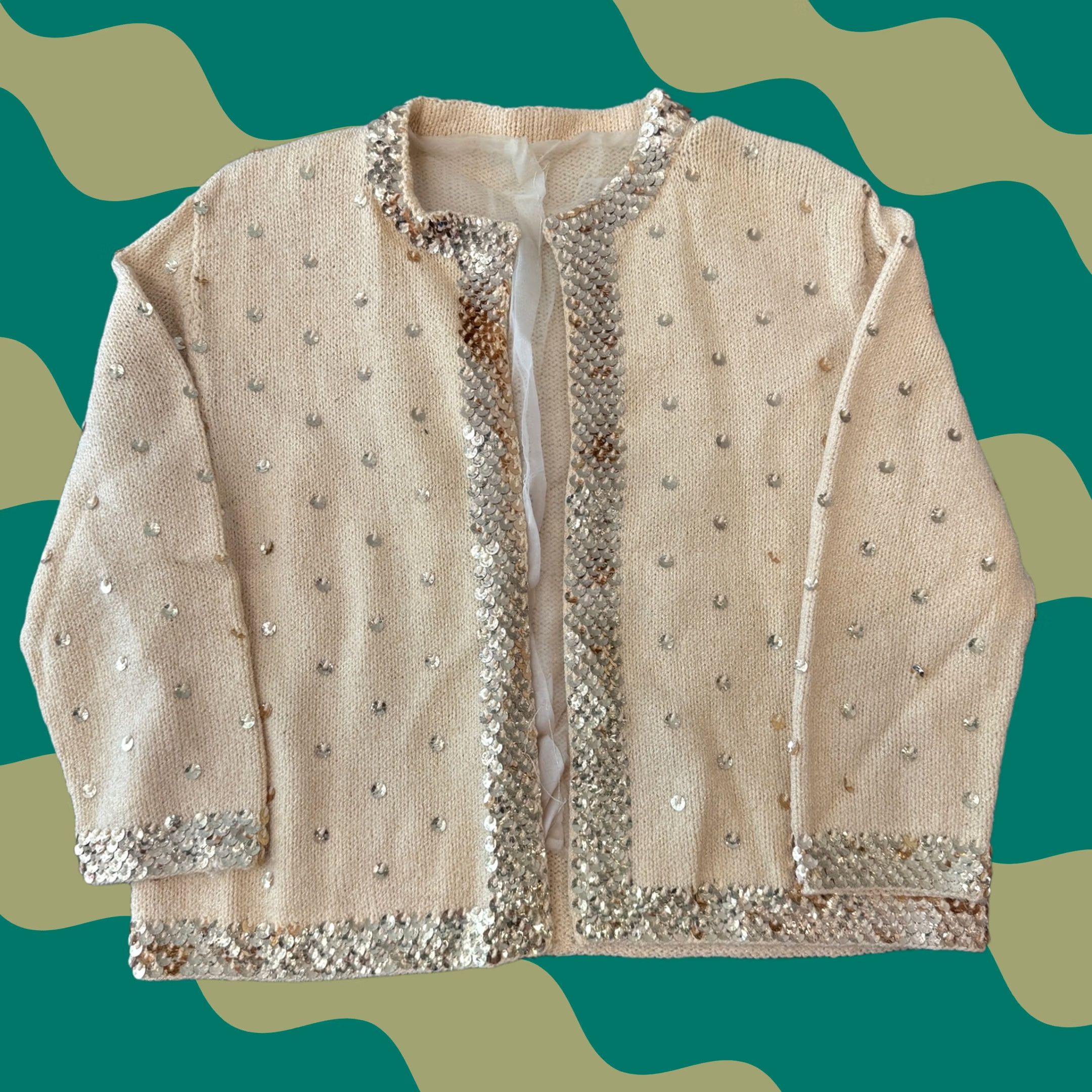 Thrasher VINTAGE Y2K 90's Beige Sequin Cardigan Sweater Japan Hand Knit Cream Small Womens Cardigan Size S / US 4 / IT 40 - 1 Thumbnail