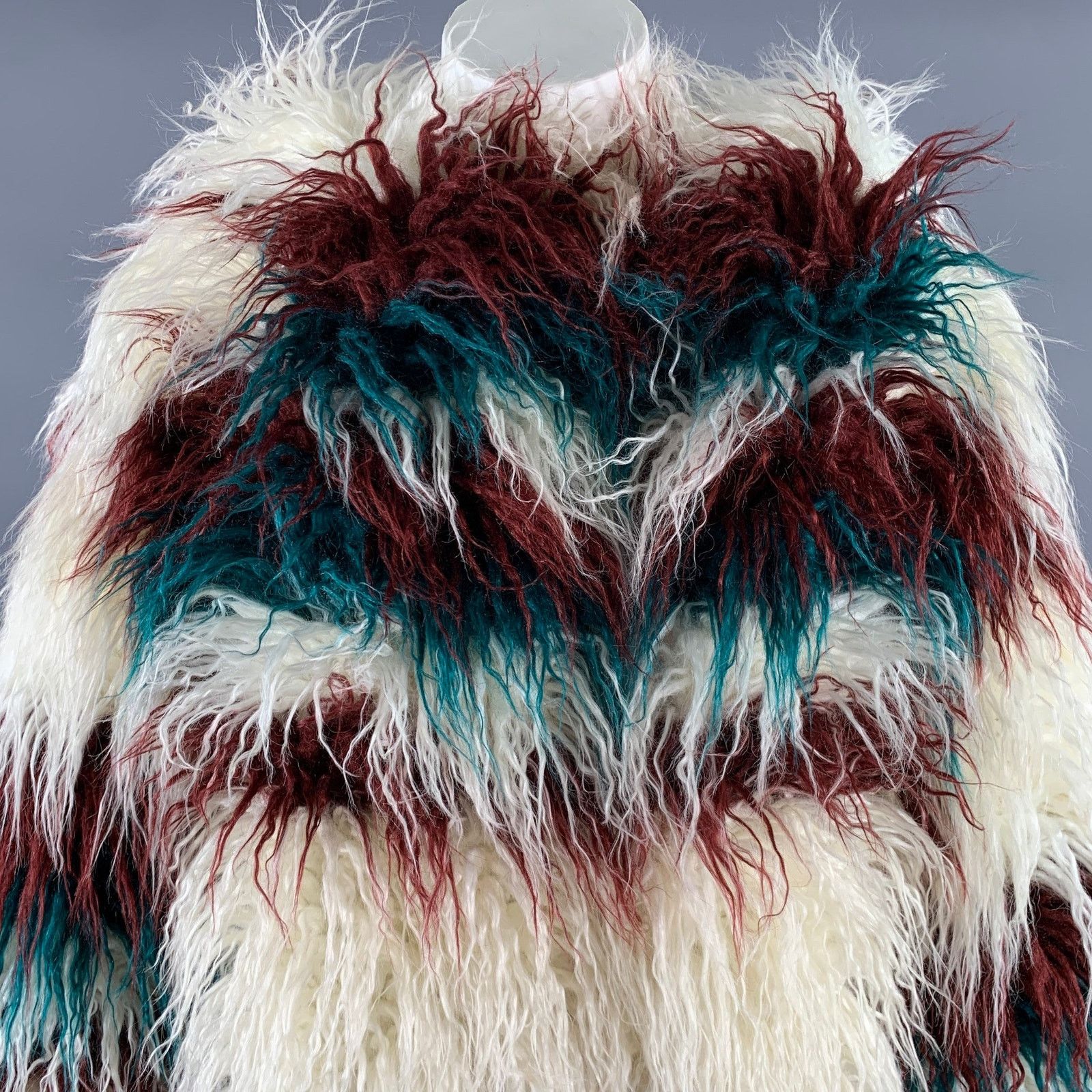 FRIED RICE FRIED RICE One Size White Burgundy Teal Stripe Faux Fur Coat Size US M / EU 48-50 / 2 - 3 Thumbnail