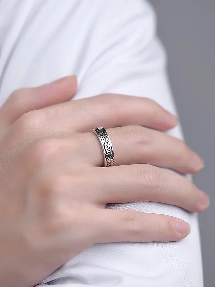 Jewelry × Vintage Silver Retro Tang Grass Pattern Ring Vintage Style Size ONE SIZE - 2 Thumbnail