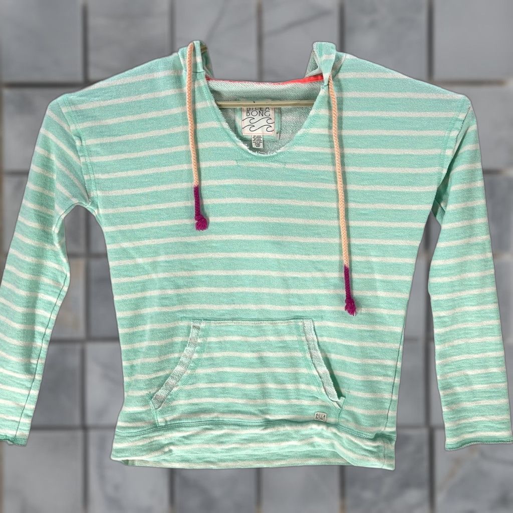 Billabong VINTAGE Billabong Hoodie Striped Green White S Womens Pullover Cotton Polyester Modern Coastal Surf Casual 40 in Chest Girls mens Size S / US 4 / IT 40 - 1 Thumbnail