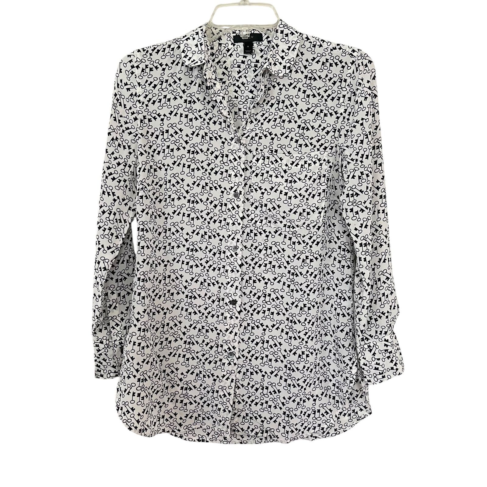 J.Crew J.Crew Women’s White Silk Button-Up Shirt – Black Key Print Size XS / US 0-2 / IT 36-38 - 2 Thumbnail