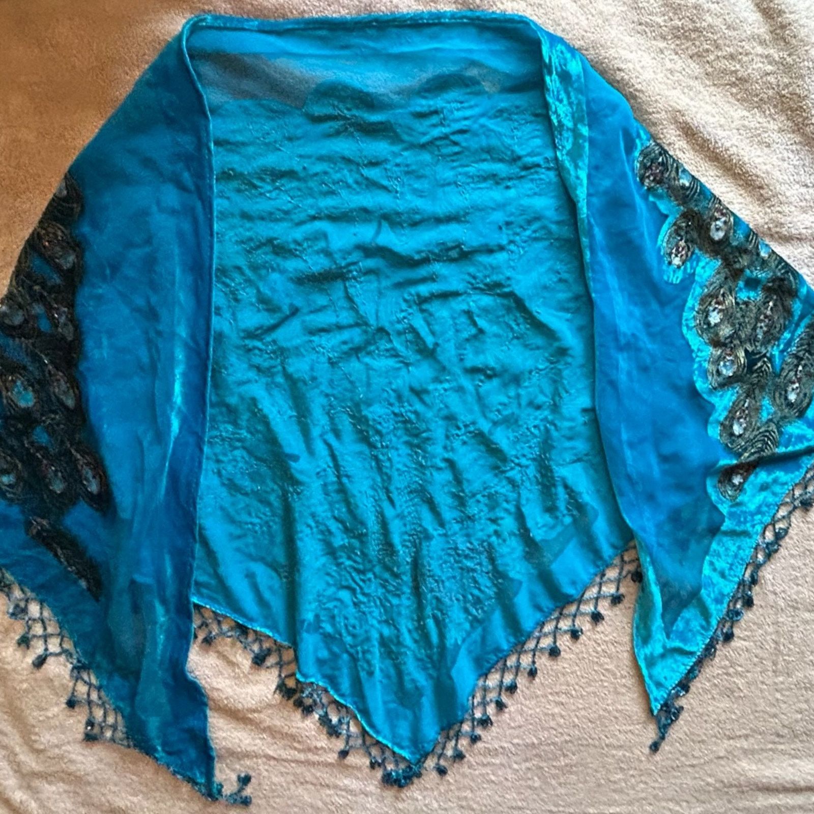 Other Stunning Kirks Folly Beaded Triangular 90% Silk Peacock Wrap Size ONE SIZE - 7 Thumbnail