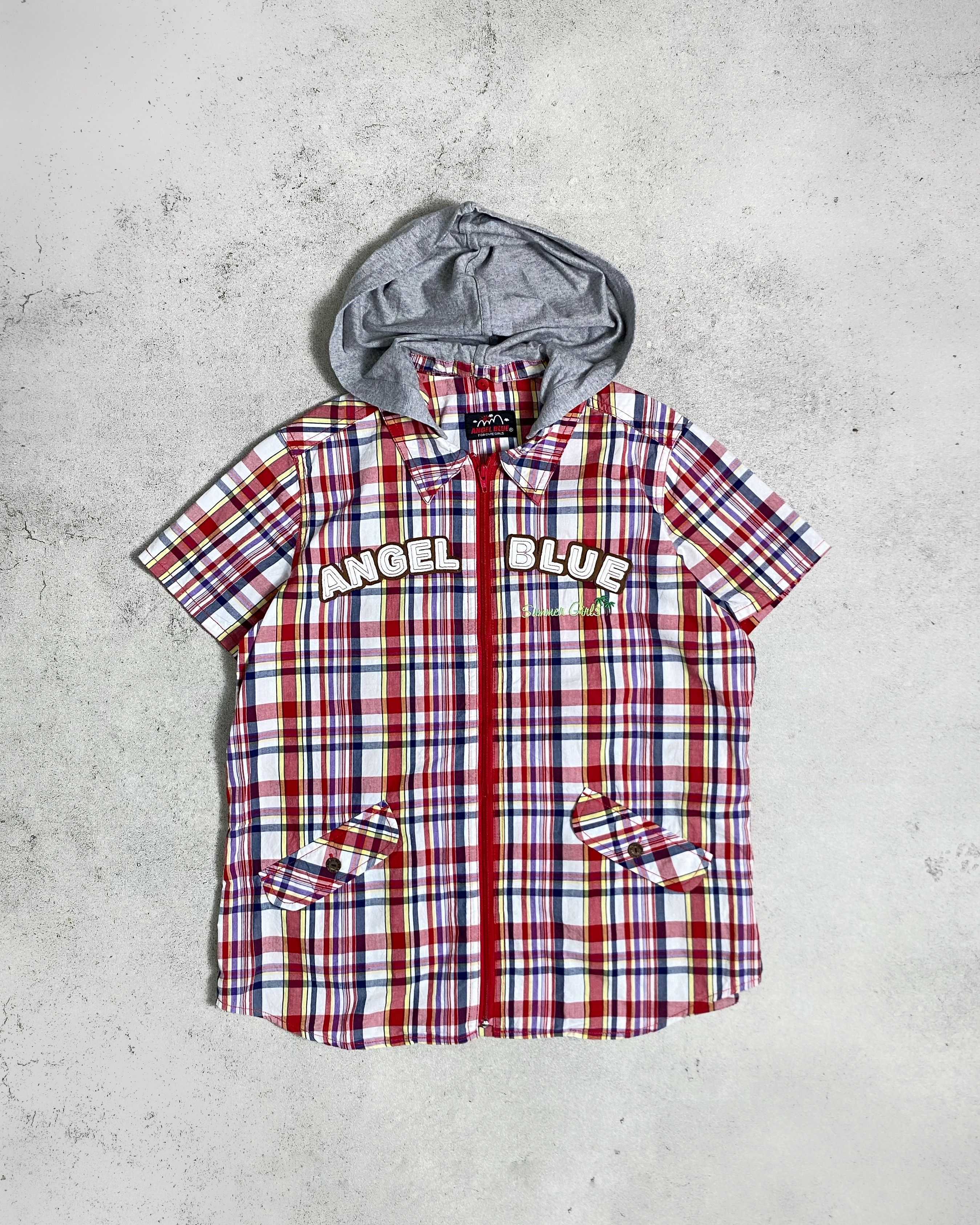 Angel Blue Vintage Hooded Plaid Shirt – 2000s Japanese Y2K