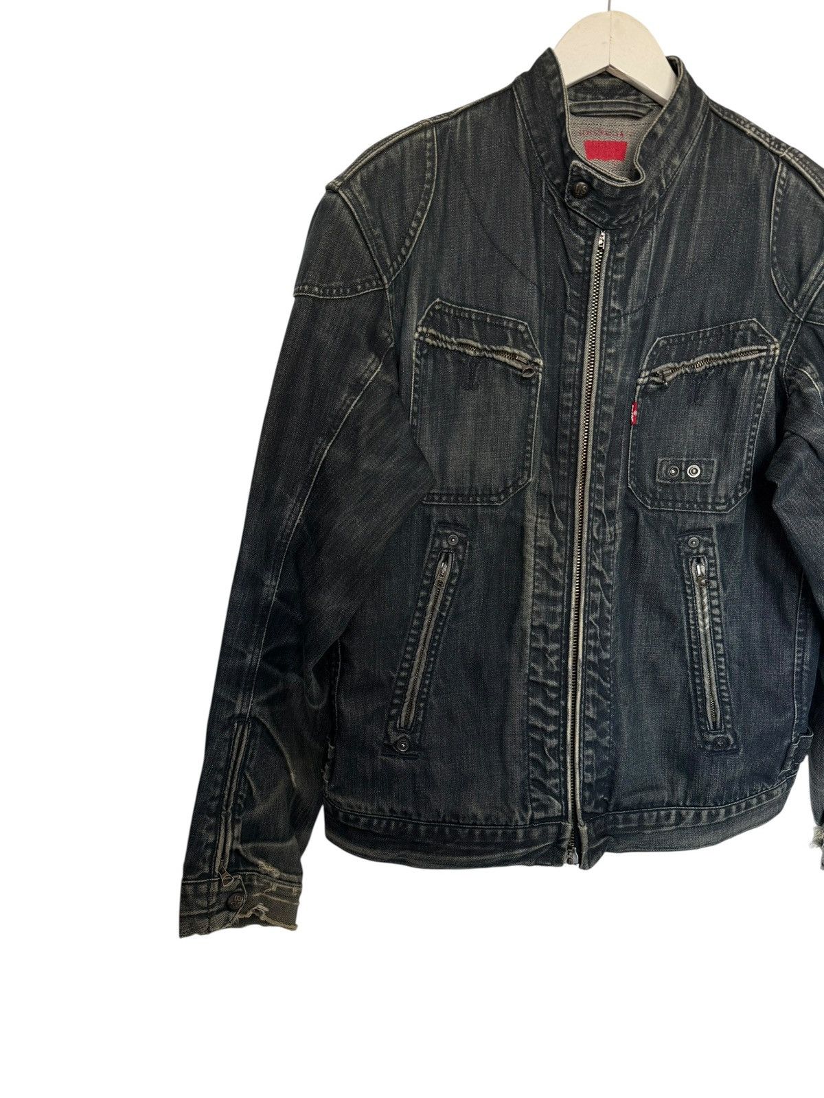 Levi's Levi’s Navy Washed Distressed Double Zip Biker Denim Jacket Size US XL / EU 56 / 4 - 3 Thumbnail