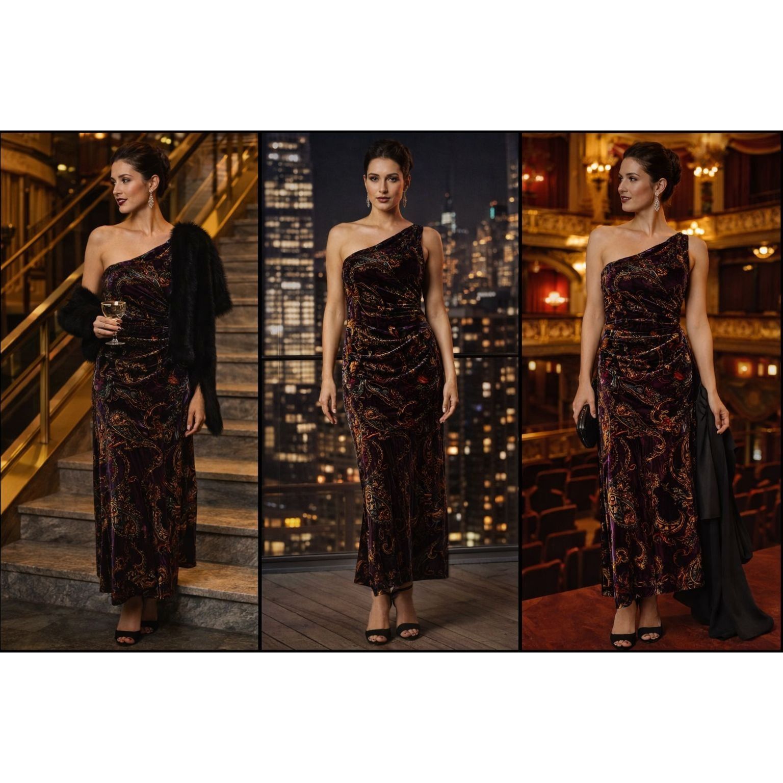 Lauren Ralph Lauren Lauren RL Women One-Shoulder Velvet Cocktail Dress Paisley 8 Size M / US 6-8 / IT 42-44 - 2 Thumbnail