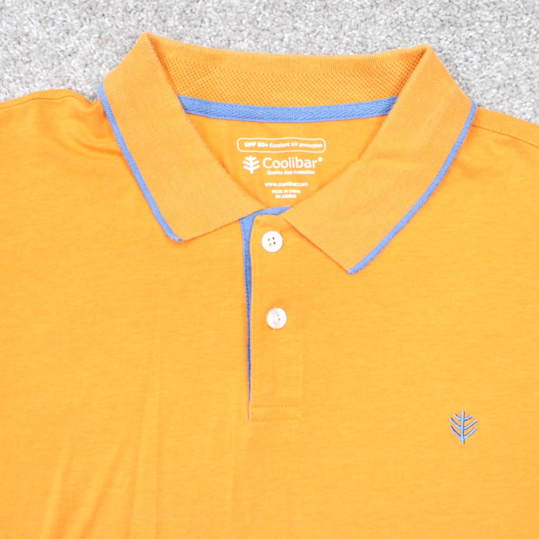 Vintage Coolibar Polo Shirt Mens XL Orange/Blue Poly/Viscose from Bamboo Stretch S/S Polo Shirt Men XL Orange/Blue Logo UV Size US XL / EU 56 / 4 - 5 Thumbnail