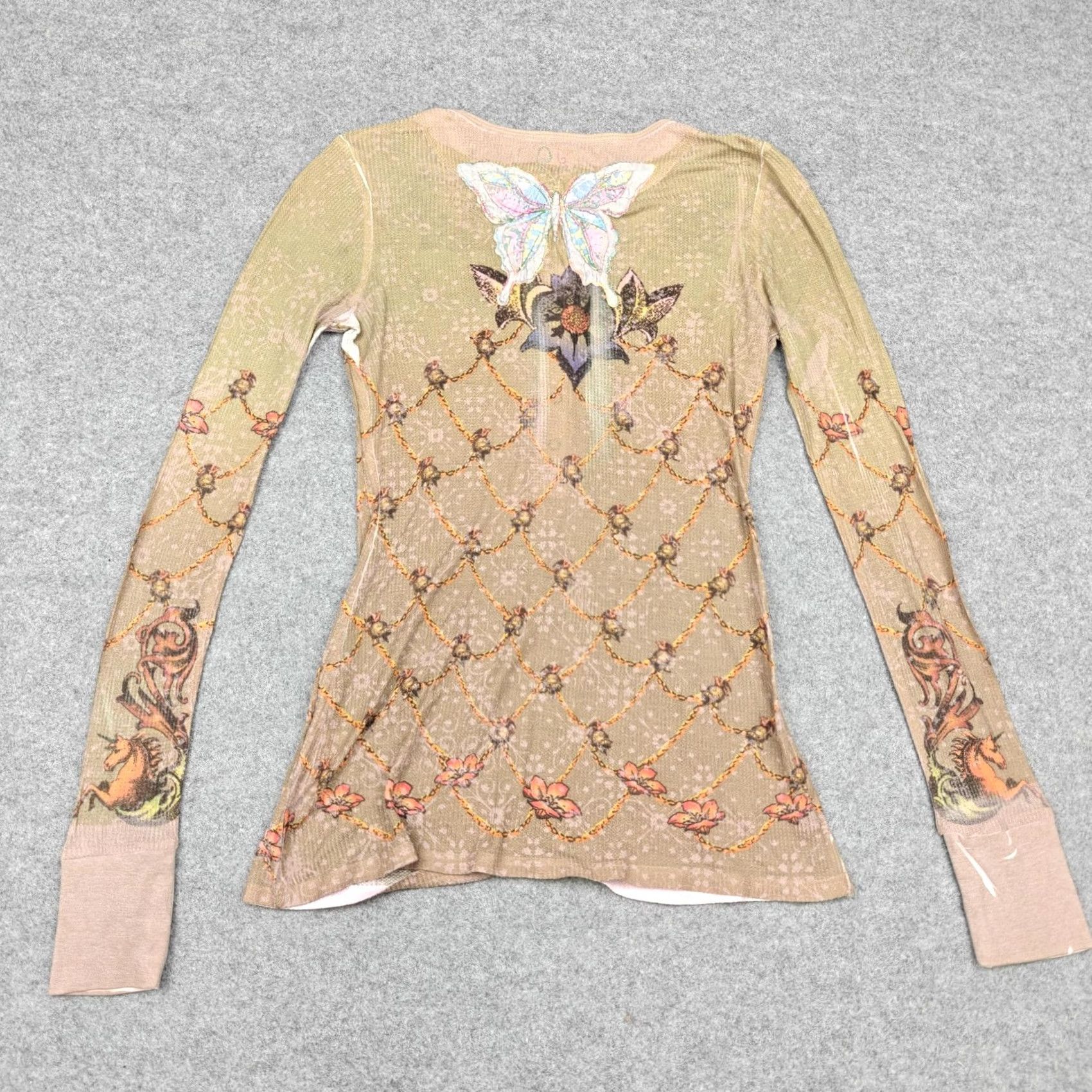 Vintage Butterfly Dropout Shirt Vintage Womens Small Beige Floral Henley Top Print Y2K Size S / US 4 / IT 40 - 7 Thumbnail