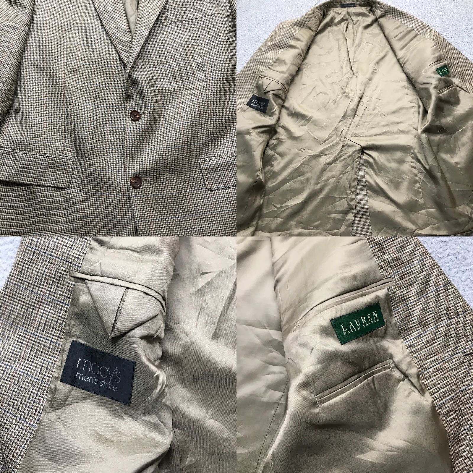 Ralph Lauren Lauren Ralph Lauren Blazer Coat Mens XL Houndstooth Wool Blend Tan Notch Lapel Button Mid-Length Silk Lining Regular Fit Casual Vintage No Size 46R - 8 Thumbnail