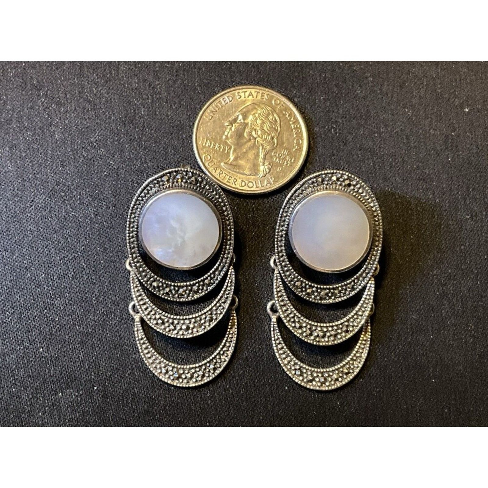 Other 925 Sterling MOP Marcasite Post Earrings Articulating Dangel Size ONE SIZE - 3 Thumbnail