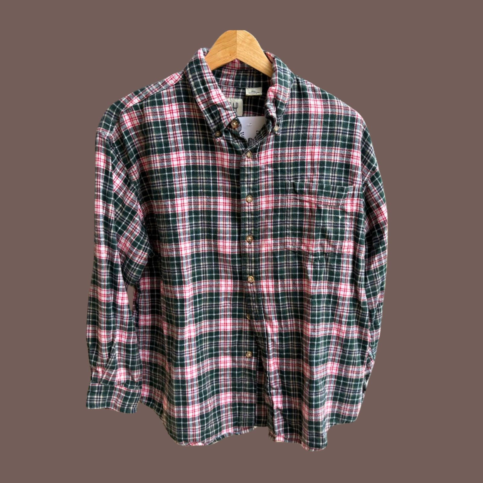 Gap × Vintage VTG Flannel Shirt | GAP Plaid Green Pink | 90s Prep Classic Size US L / EU 52-54 / 3 - 2 Thumbnail
