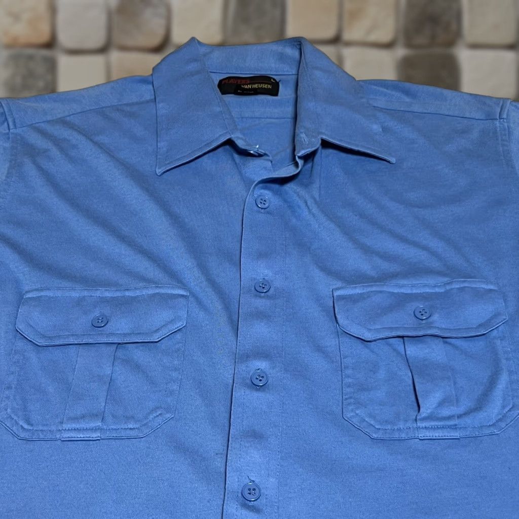 Van Heusen VINTAGE Players By Van Heusen Men's Button-Up Shirt Blue L Size Large Casual Short Sleeve Retro Cotton Blend Button Front Front Shirt Size US L / EU 52-54 / 3 - 1 Thumbnail