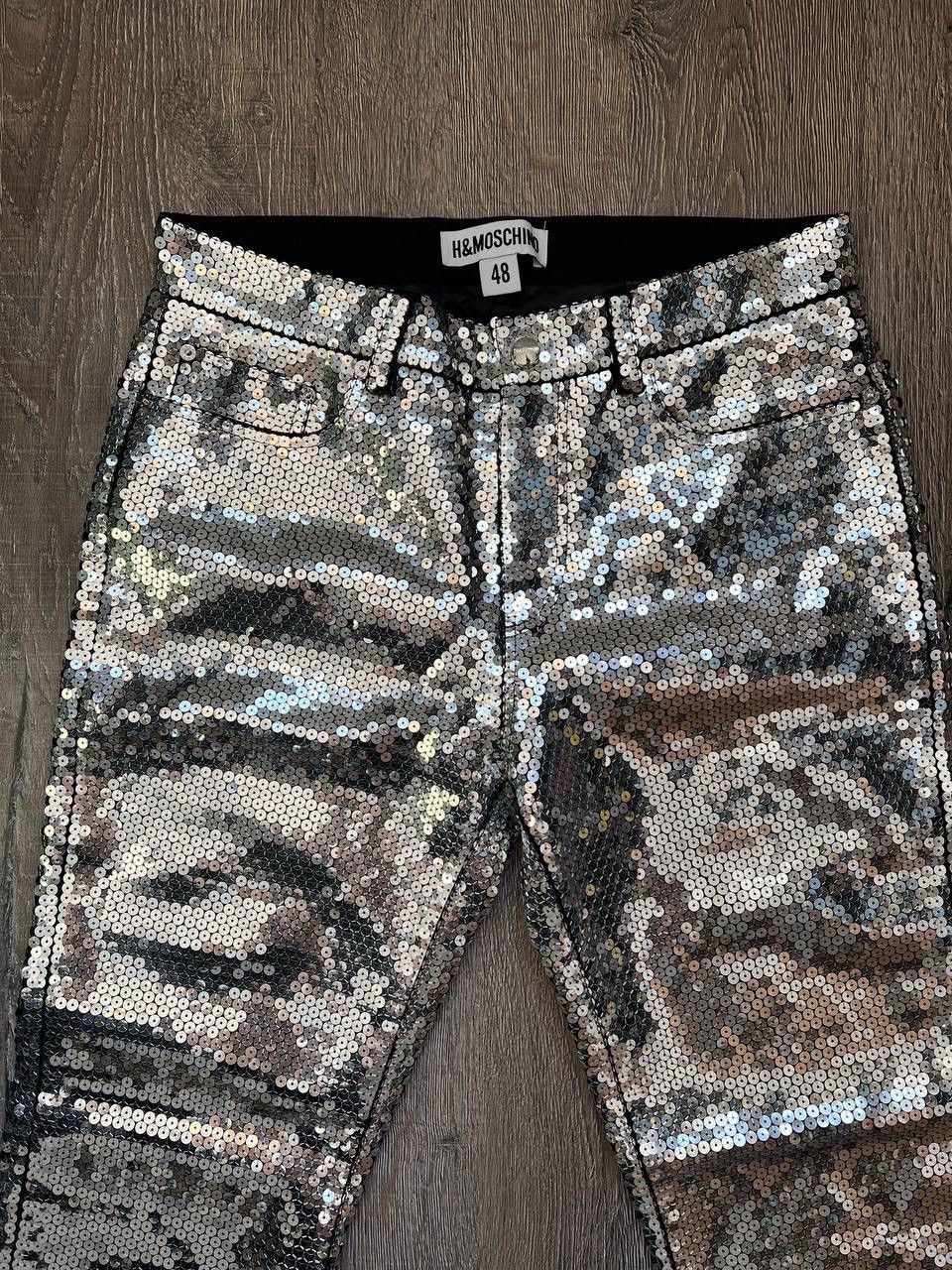 Japanese Brand × Jeremy Scott × Moschino Moschino H&M Jeremy Scott sequined denim silver pants Size US 33 - 6 Thumbnail