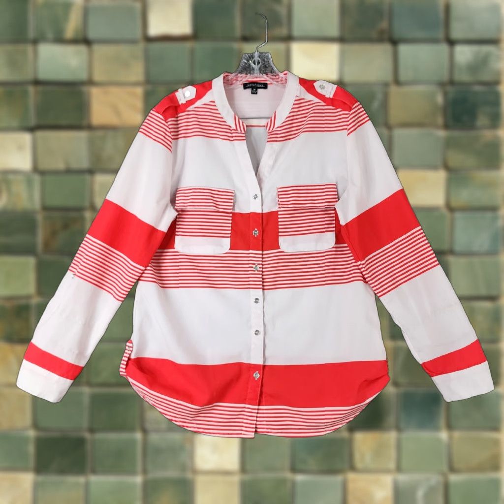 Vintage NOTATIONS Womens Long Sleeve Button-Up Blouse White Red Striped Size M Size M / US 6-8 / IT 42-44 - 1 Thumbnail
