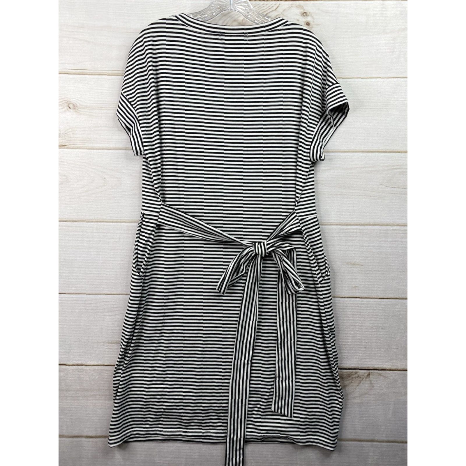 Vintage Merokeety Dress XL Black White Stripe Pockets Short Slv Belted Stretch Knit Dress Size 40" / US 18 - 8 Thumbnail