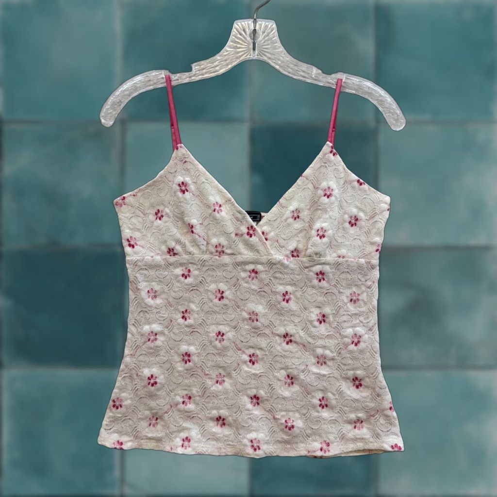 Pinko VINTAGE 90s Y2K Camisole Tank Top White Pink Ditsy Floral Lace Boho Fairy Shirt M Womens Size M / US 6-8 / IT 42-44 - 1 Thumbnail