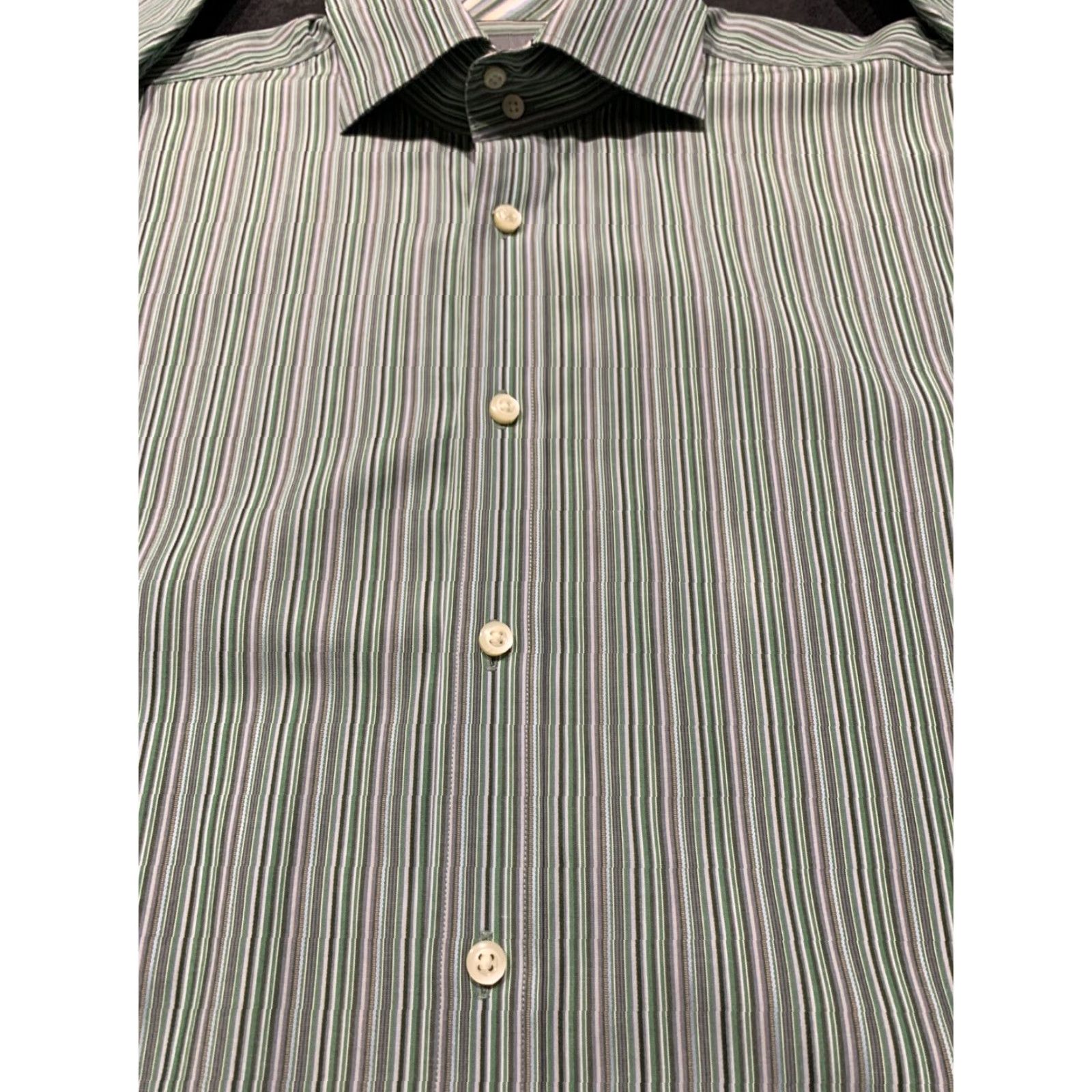 Vintage THOMAS DEAN Striped Cotton Dress Shirt Red Large Long Sleeve Casual Mens Size 42R - 3 Thumbnail