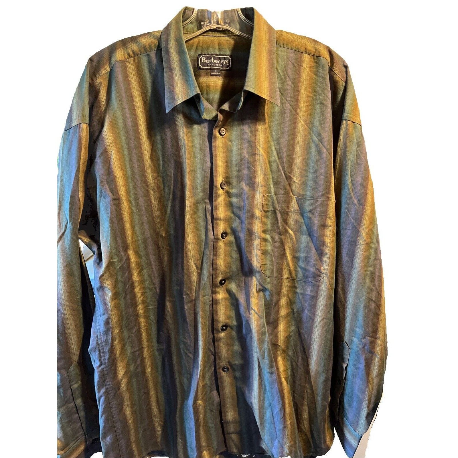 Burberry Burberrys Men's Large Button Shirt Green Purple Plaid Cotton Size US L / EU 52-54 / 3 - 1 Thumbnail