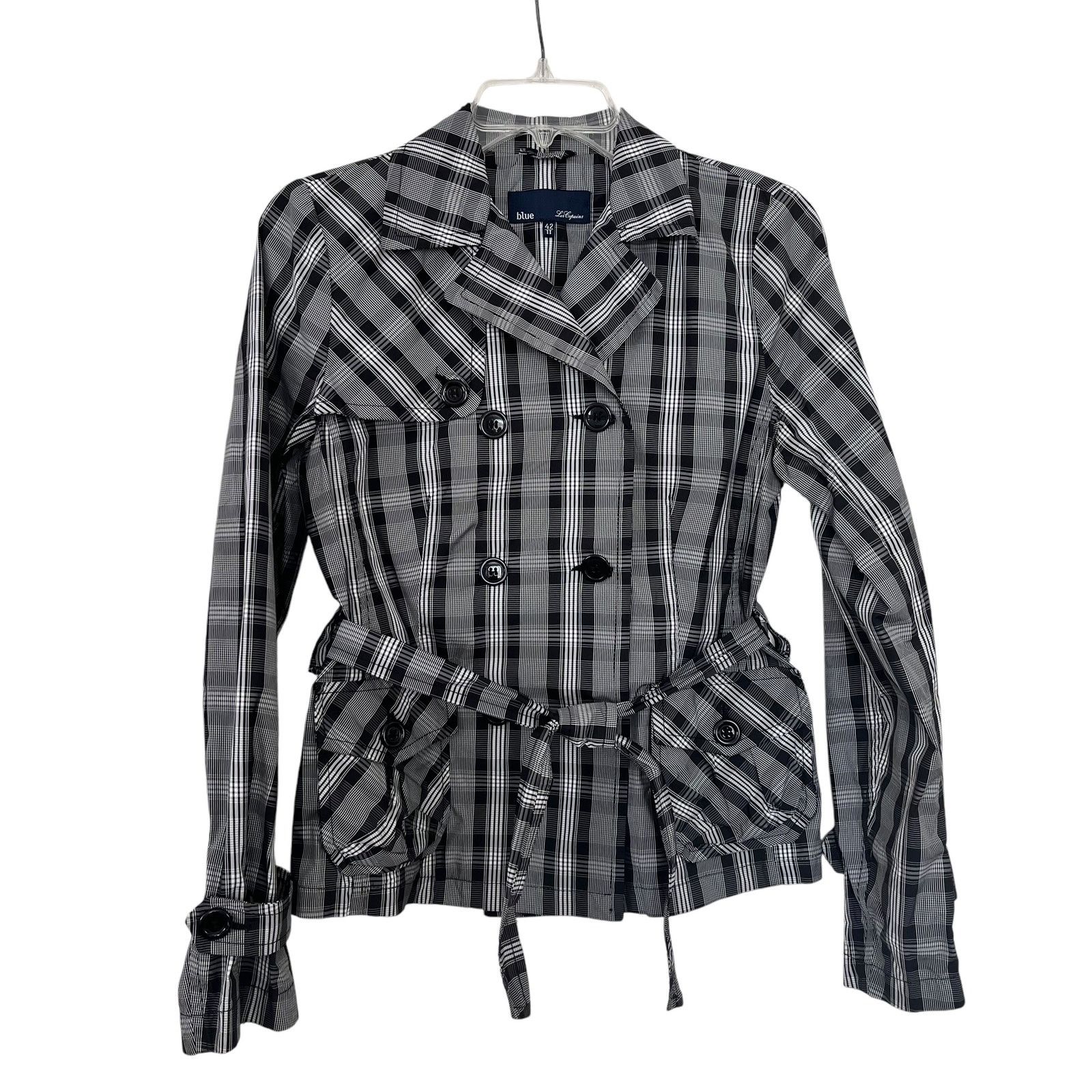 Other Blue Les Copains Black White Plaid Short Trench Coat Jacket Size S / US 4 / IT 40 - 1 Thumbnail
