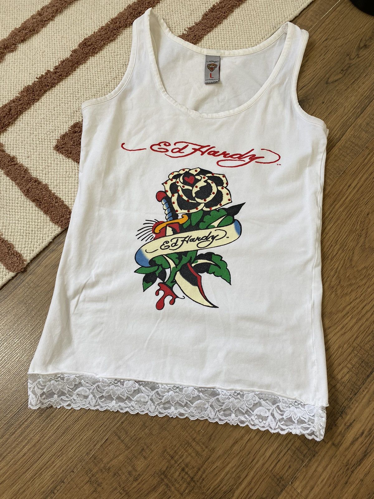 Ed Hardy VINTAGE ED HARDY BY CHRISTIAN AUDIGIER LACE TANK TOP Size L / US 10 / IT 46 - 3 Thumbnail