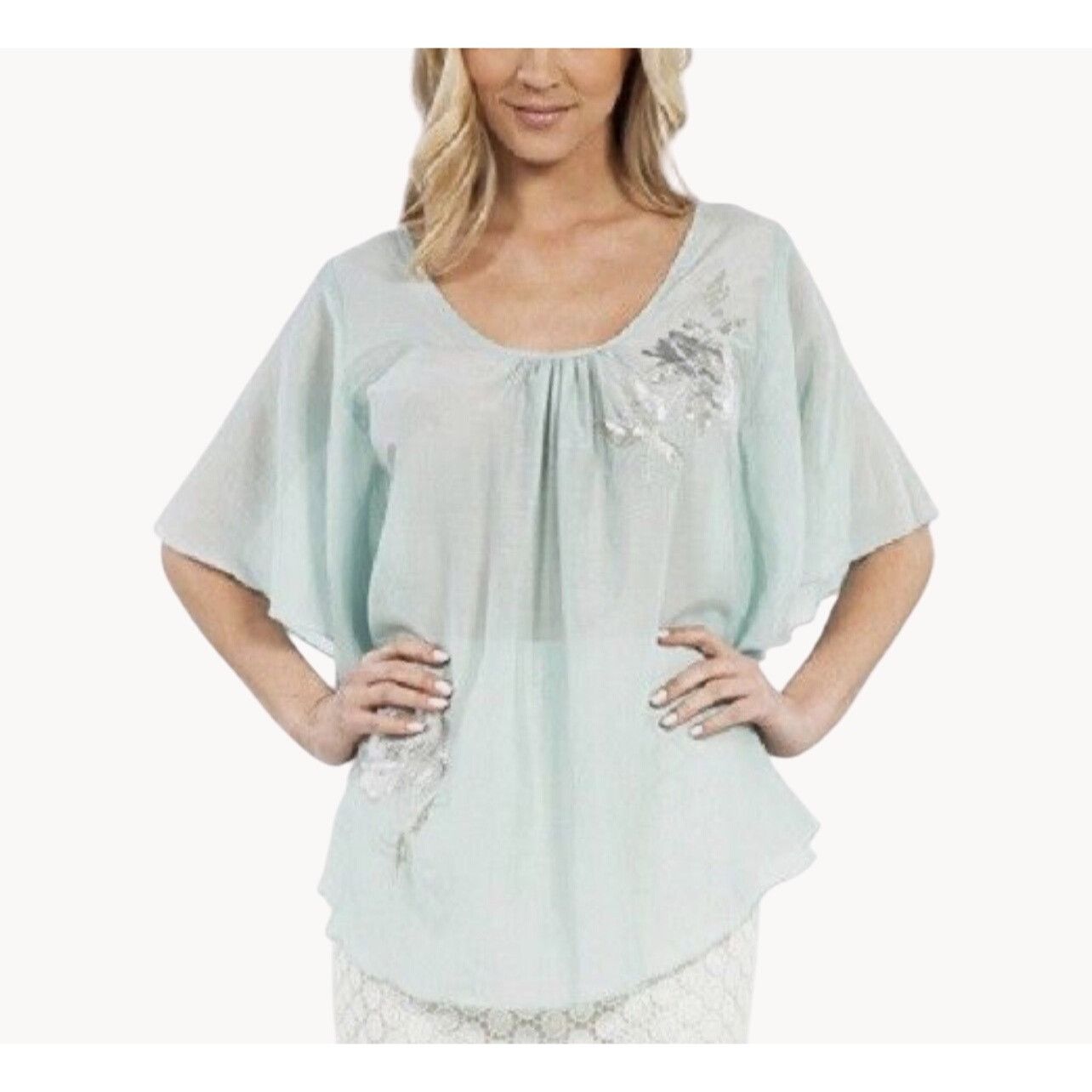 Other NWT Karen Kane Aqua Silver Flutter Slv Silk Top | Coastal Me Size M / US 6-8 / IT 42-44 - 2 Thumbnail