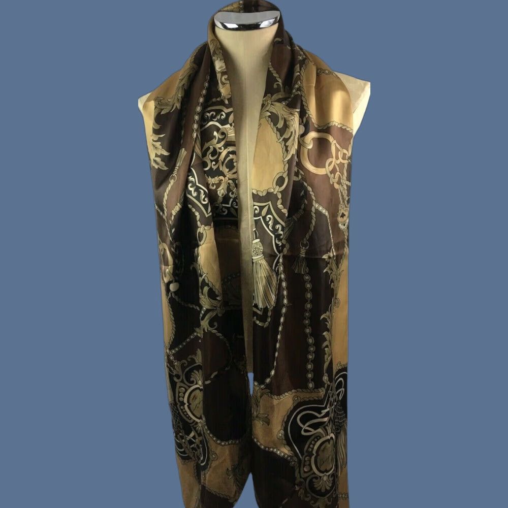 Vintage VINTAGE Dennis Basso Scarf Brown Gold Classic Chain Print 12 x 41" Plus Size Satin Polyester Women Rectangle Scarf 1X Size ONE SIZE - 1 Thumbnail