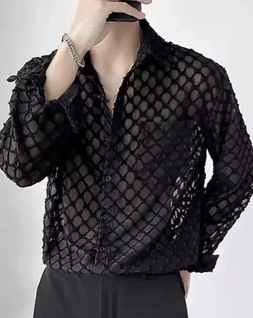 Black Mesh Collared Shirt