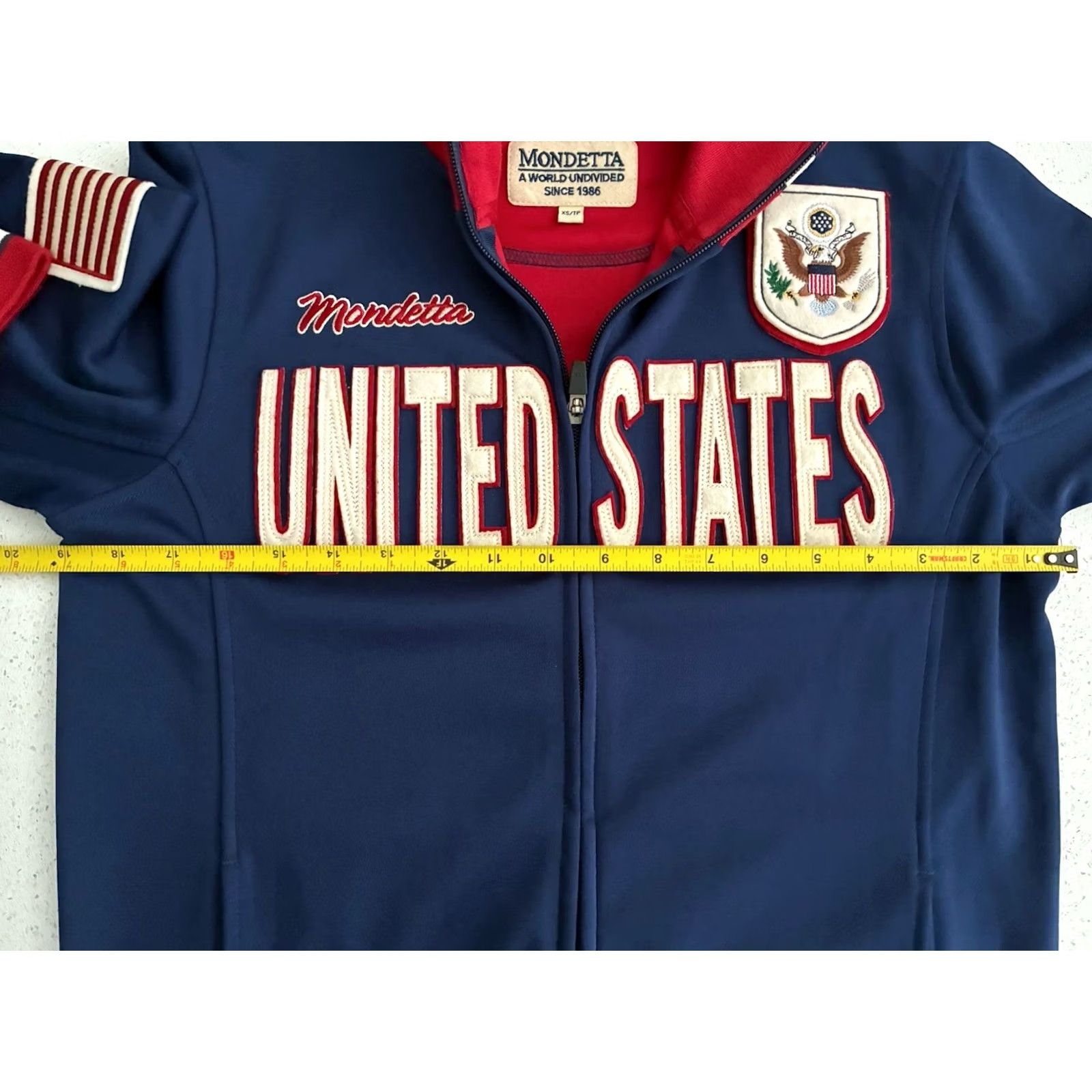Vintage MONDETTA Track Jacket Men XS Blue USA Olympic Patch Full Zip Varsity Jacket Elastic Waist Short Jacket Solid Pattern Men Size US XS / EU 42 / 0 - 6 Thumbnail