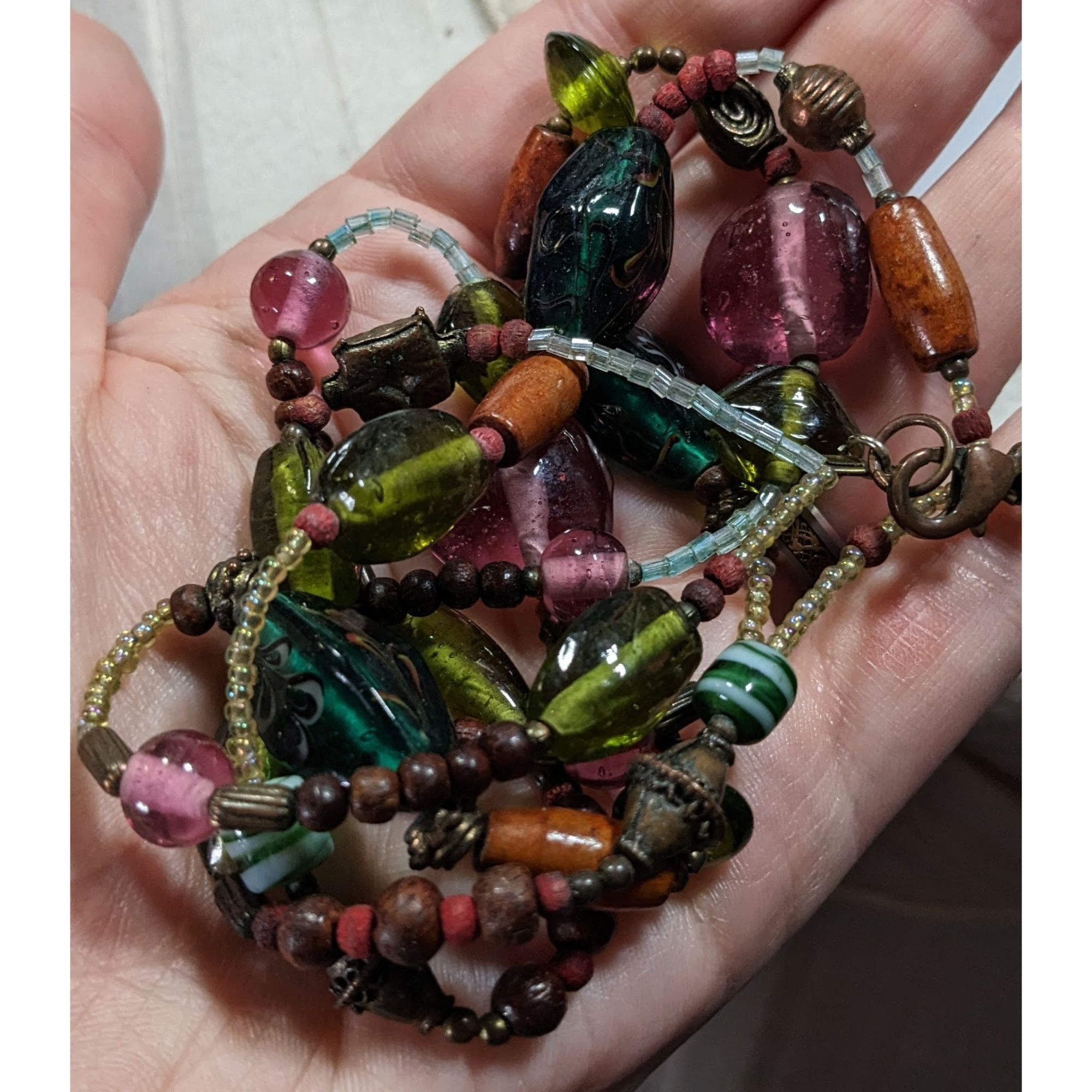 Handmade Handmade Cottagecore Pink And Green Layered Glass Beaded Nec Size ONE SIZE - 3 Thumbnail