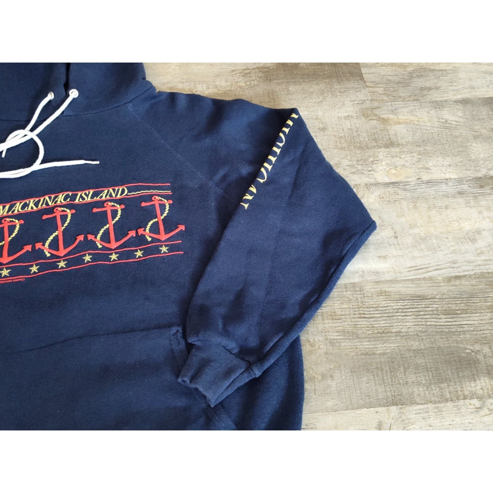 Hanes VINTAGE 80s Hanes Mackinac Island Hoodie Men's Blue Nautical Graphic Puff Print Pullover Size US M / EU 48-50 / 2 - 5 Thumbnail