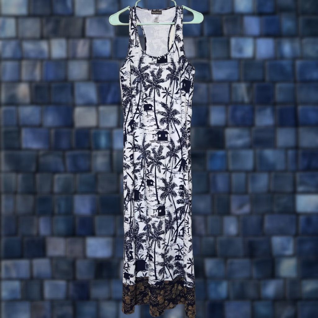 VINTAGE Tommy Bahama Womens Maxi Dress Sleeveless Floral Palm Tree Scoop Neck M Multicolor Cotton Spandex Womens(M) Dress Long 49.5