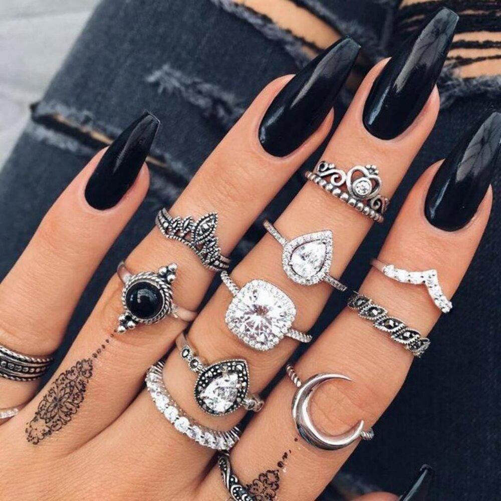 Designer 10pcs Vintage Rhinestone Knuckle Midi Stacking Boho Ring Set Size ONE SIZE - 2 Thumbnail