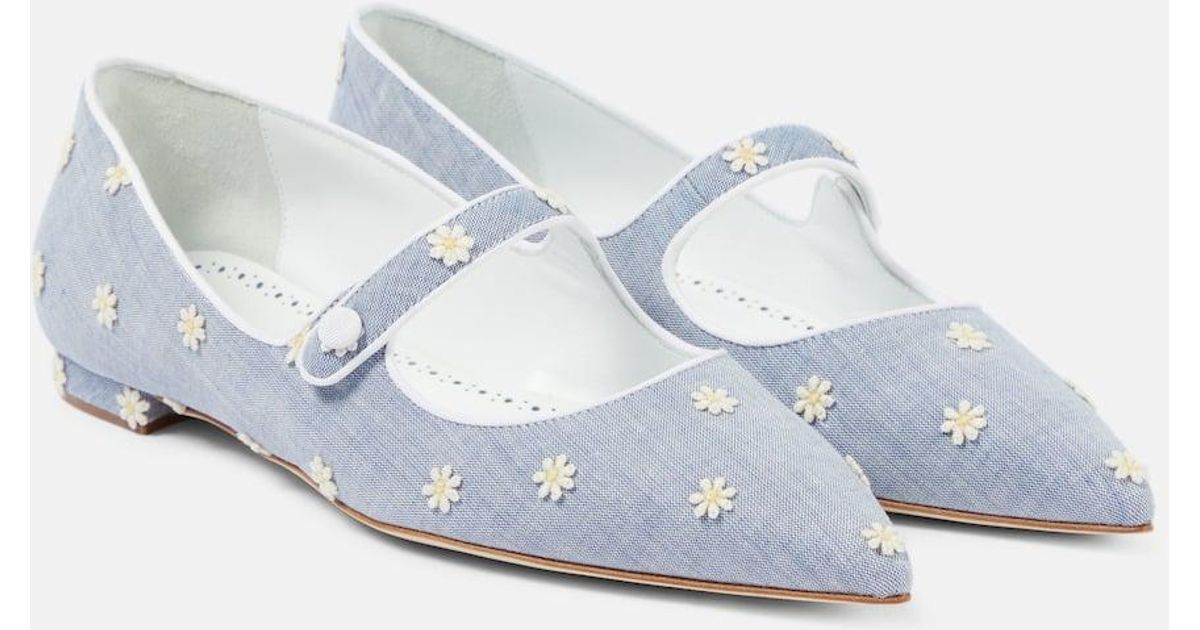 Manolo Blahnik Manolo Blahnik White Campari Embroidered Chambray Mary Jane Size US 8.5 / IT 38.5 - 1 Thumbnail