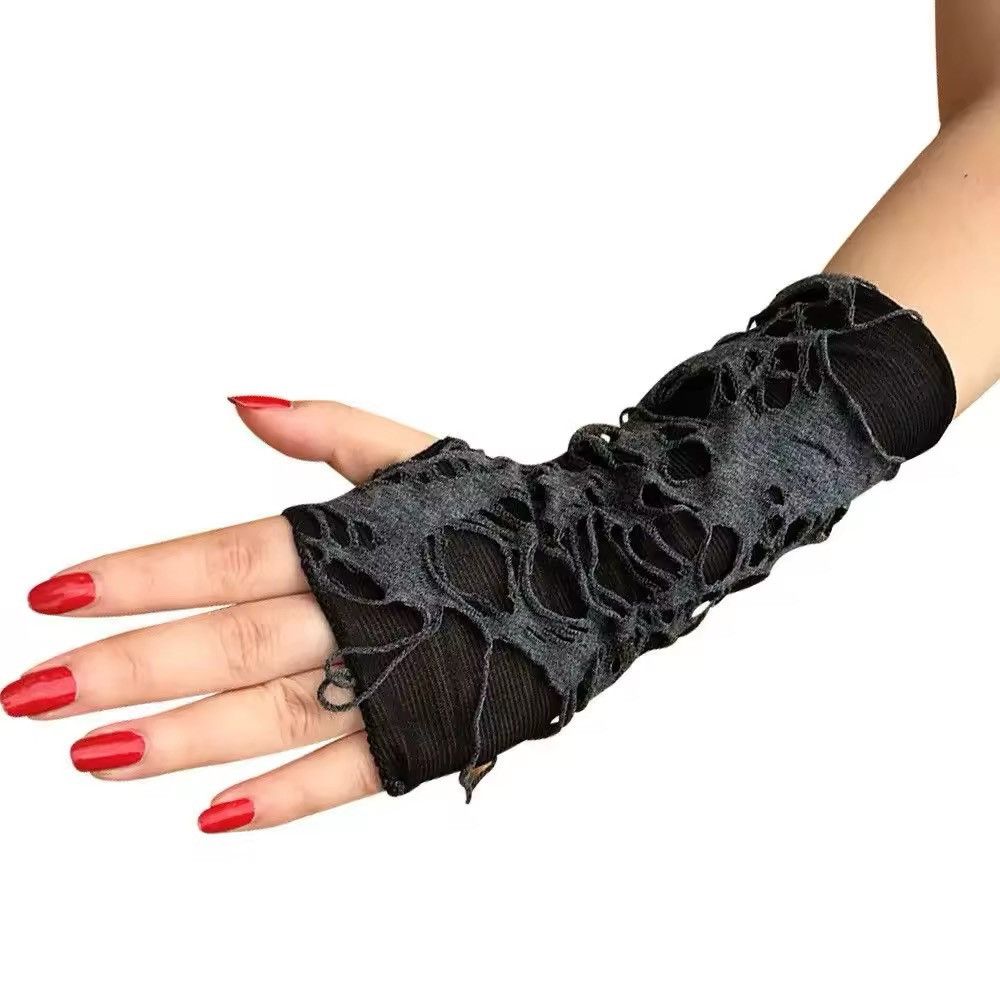 Other Simple Gothic Fingerless Gloves Unisex Tear Design Stretchy Size ONE SIZE - 6 Thumbnail