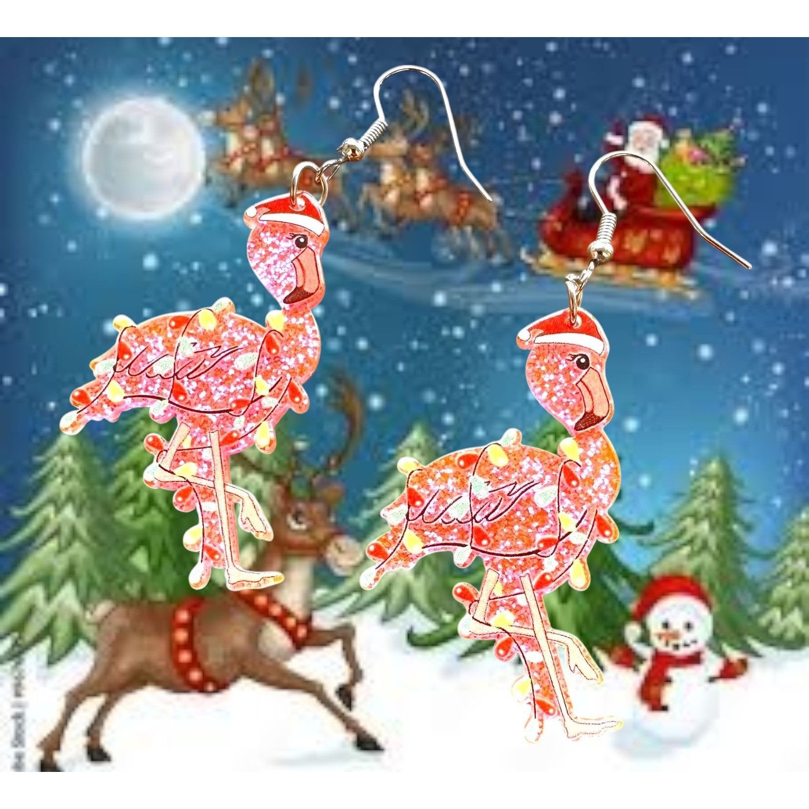 Handmade Christmas Flamingo Earrings New Santa Hat Holiday Lights Gli Size ONE SIZE - 4 Thumbnail