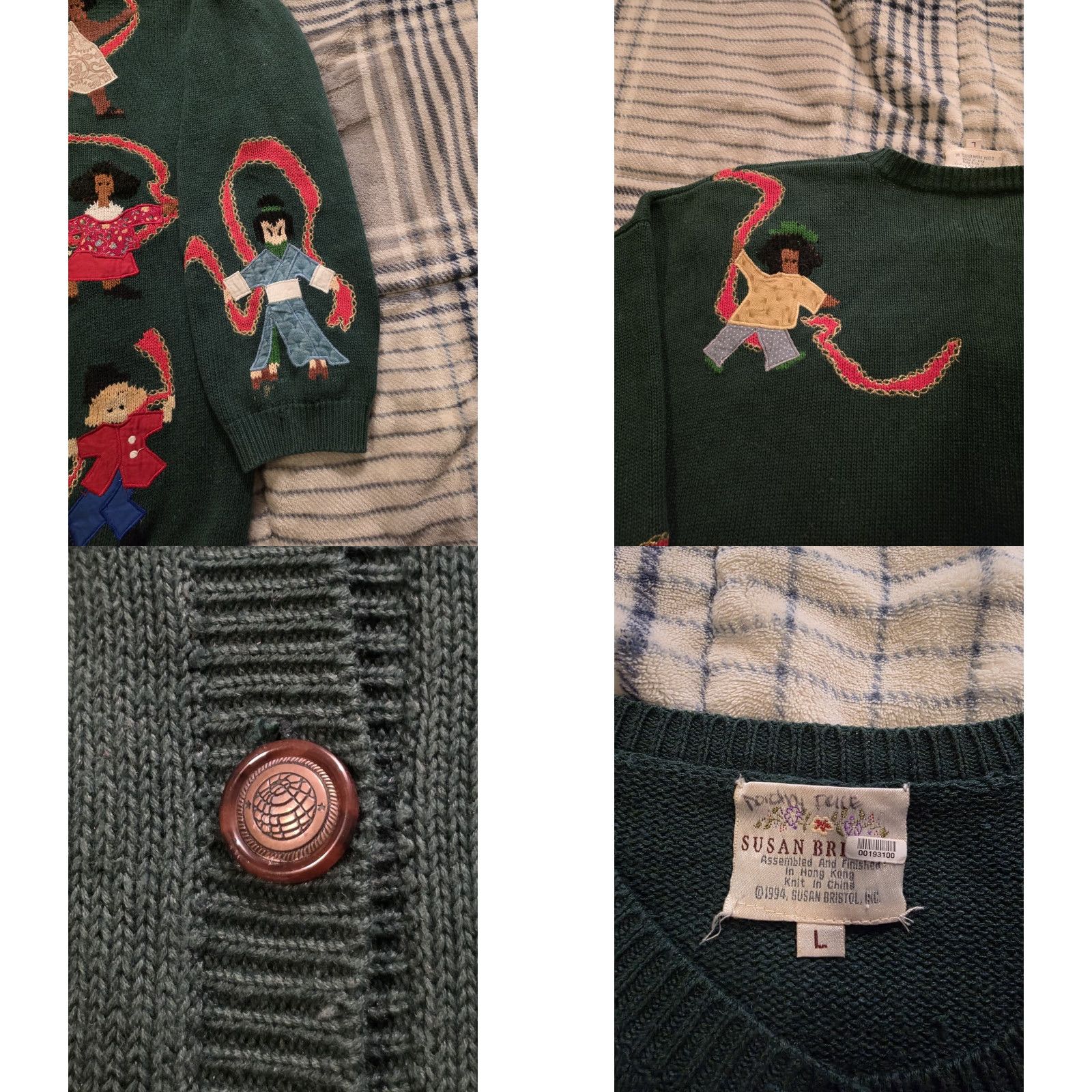 VINTAGE Susan Bristol Sweater Cardigan Women Large Green 90s Folk Art Geometric Embroidered Button Raglan Sleeve