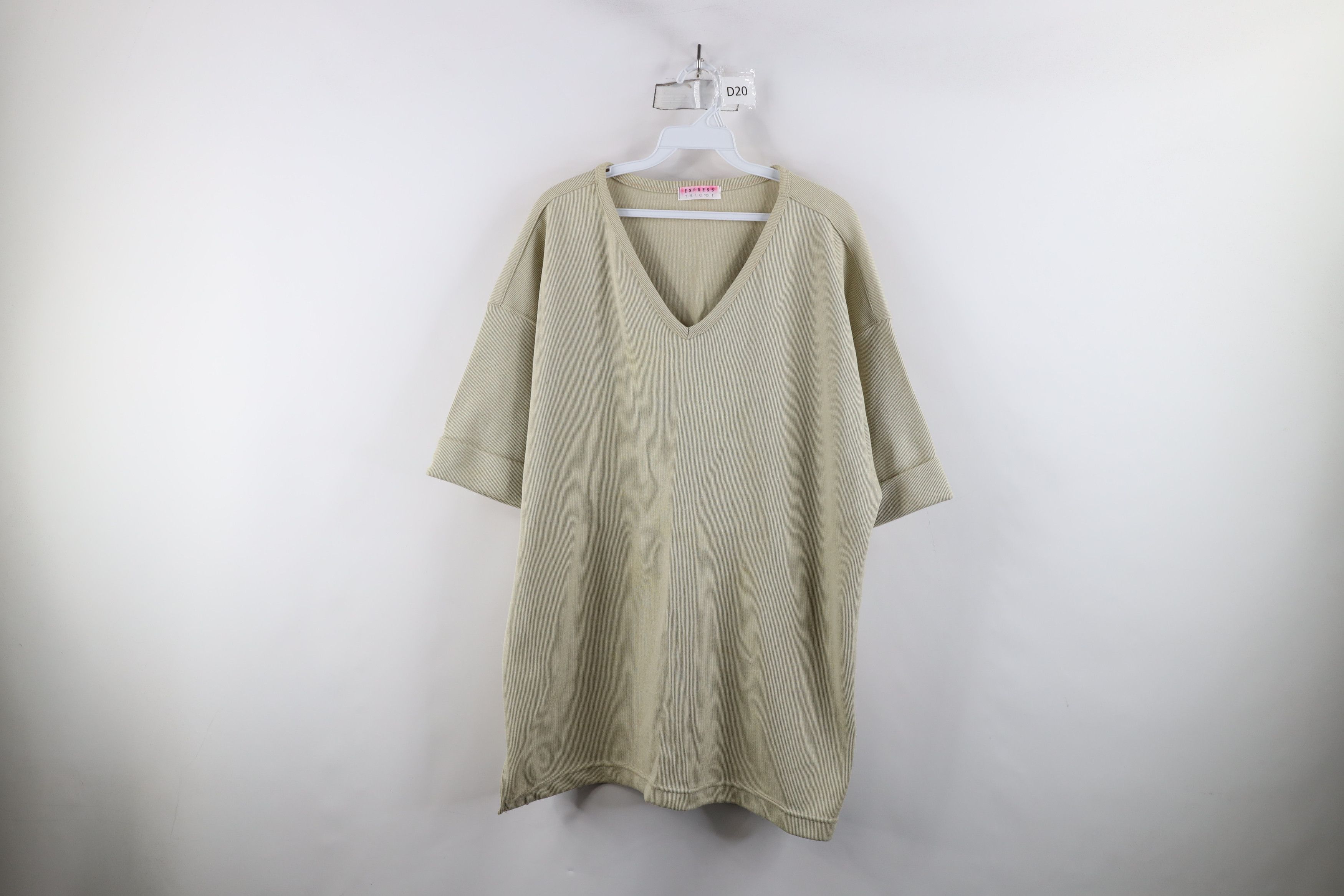 Express × Vintage Vintage 90s Express Thermal Ribbed Knit V-Neck T-Shirt Beige Size L / US 10 / IT 46 - 1 Thumbnail