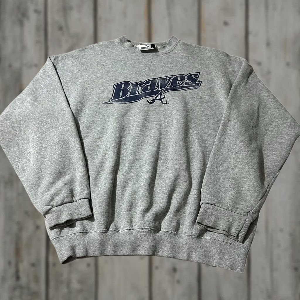 VINTAGE Puma Atlanta Braves Baseball Sweatshirt Size L Gray Mens Large Pullover Sweatshirt