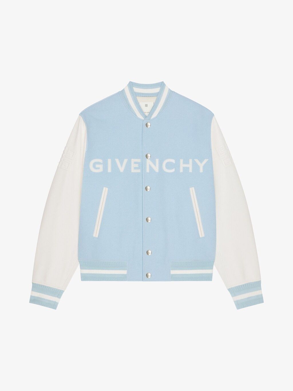 o1srvl11e0725 Logo Baseball Jacket in White/Sky Blue