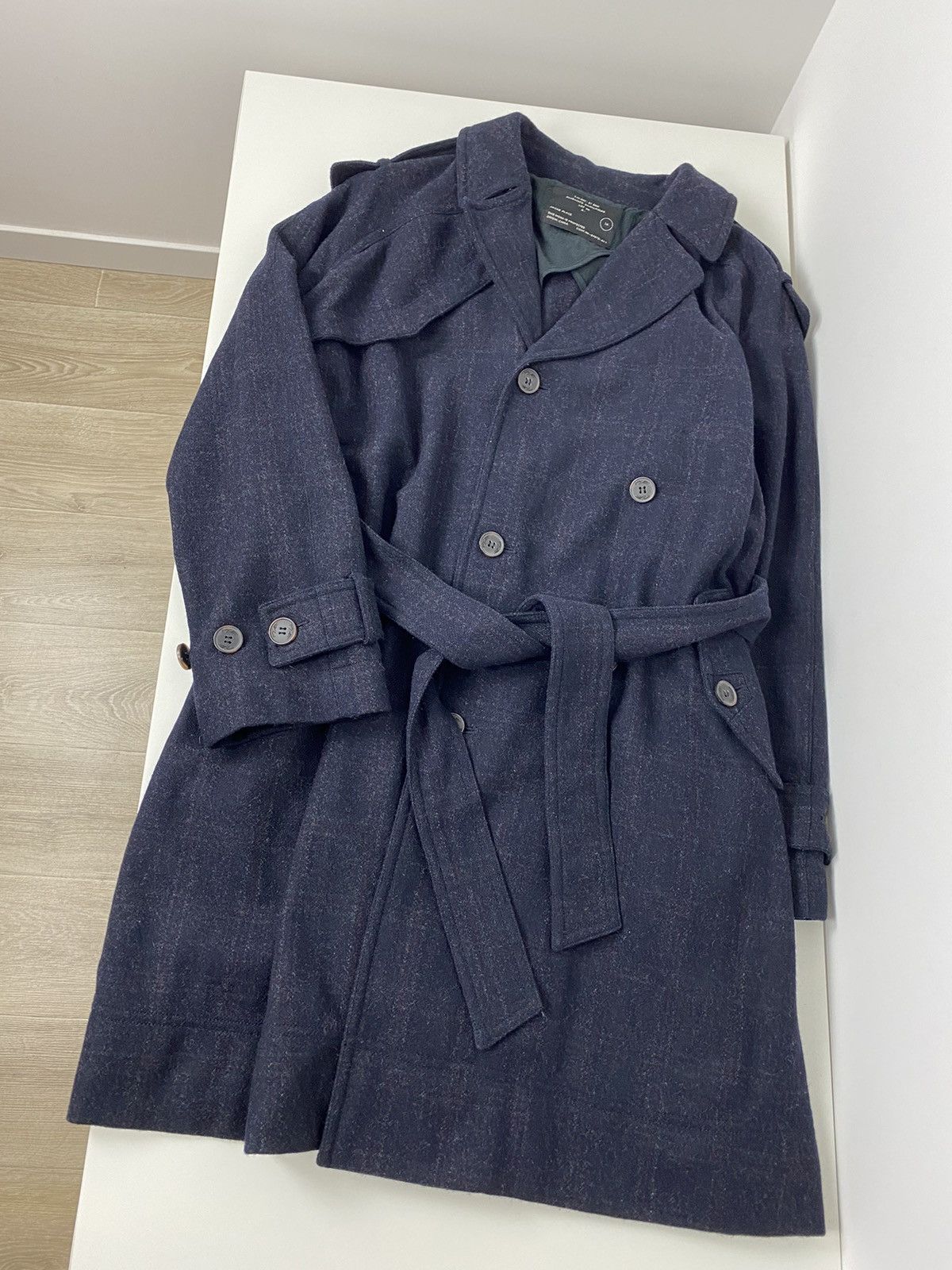 image of Allsaints x Avant Garde Allsains Double Breasted Wool Designer Coat Robe With Belt in Blue, Women's