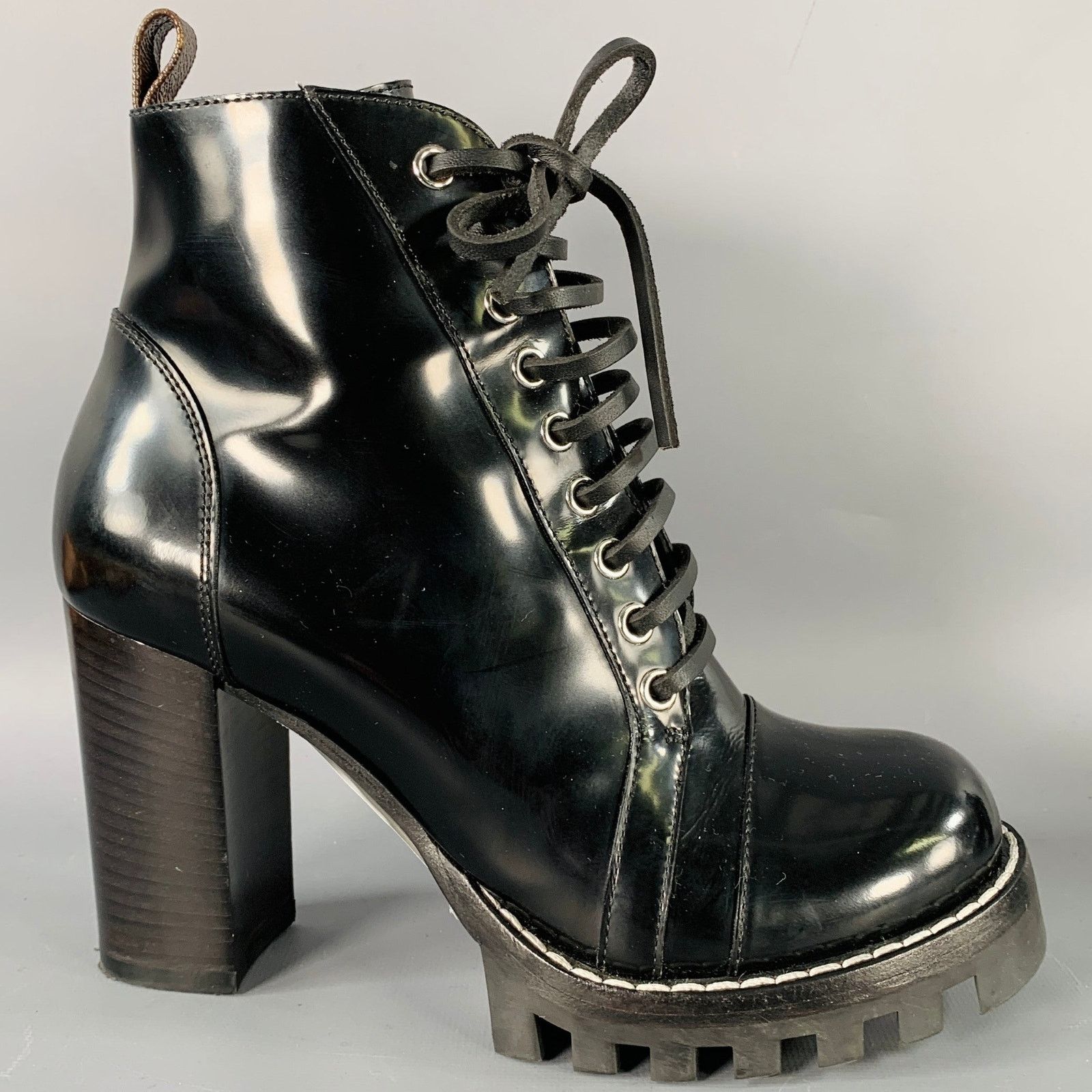 Louis Vuitton LOUIS VUITTON Black Patent Leather Tread Sole Lace-Up Boots Size US 7.5 / IT 37.5 - 2 Thumbnail