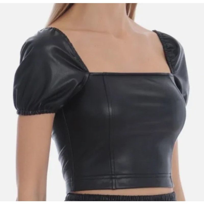 Other Faux Leather Puffy Sleeve Zipper Back Square Neck Crop Top Size L / US 10 / IT 46 - 7 Thumbnail