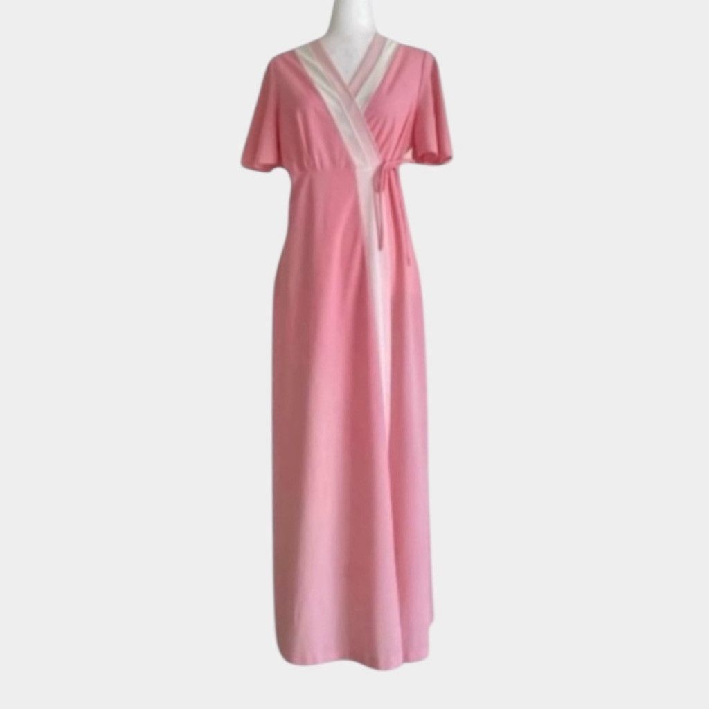 Vintage 60s MCM Pink White Flutter Sleeve Hostess Wrap Dress M Size M / US 6-8 / IT 42-44 - 1 Thumbnail