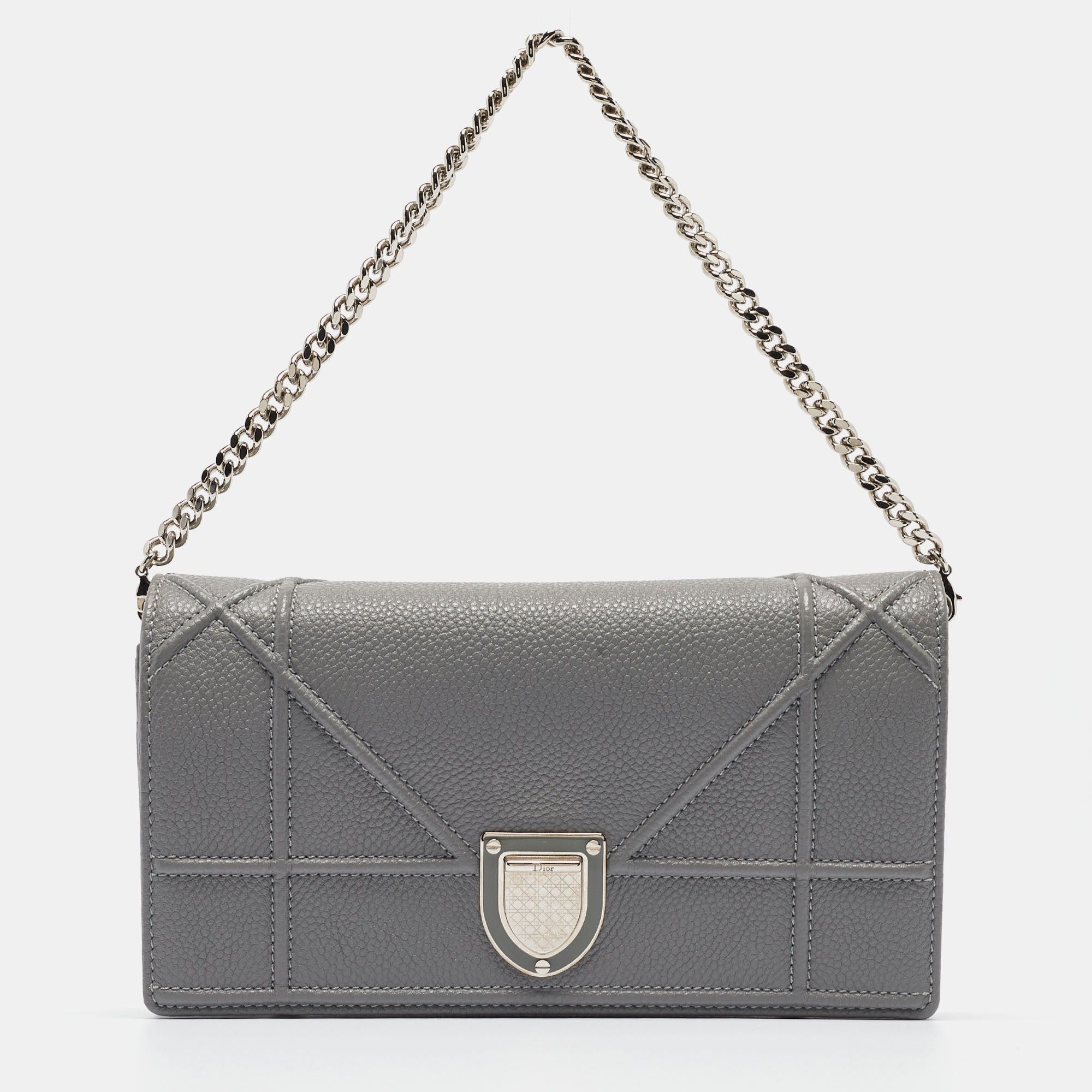 image of Dior Grey Leather Ama Wallet On Chain, Women's